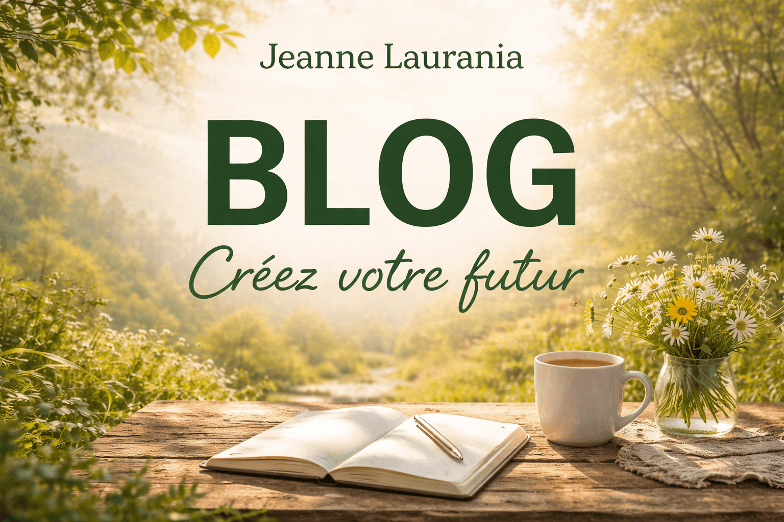Page de blog de Jeanne Laurania avec carnet, fleurs et nature en arrière-plan.